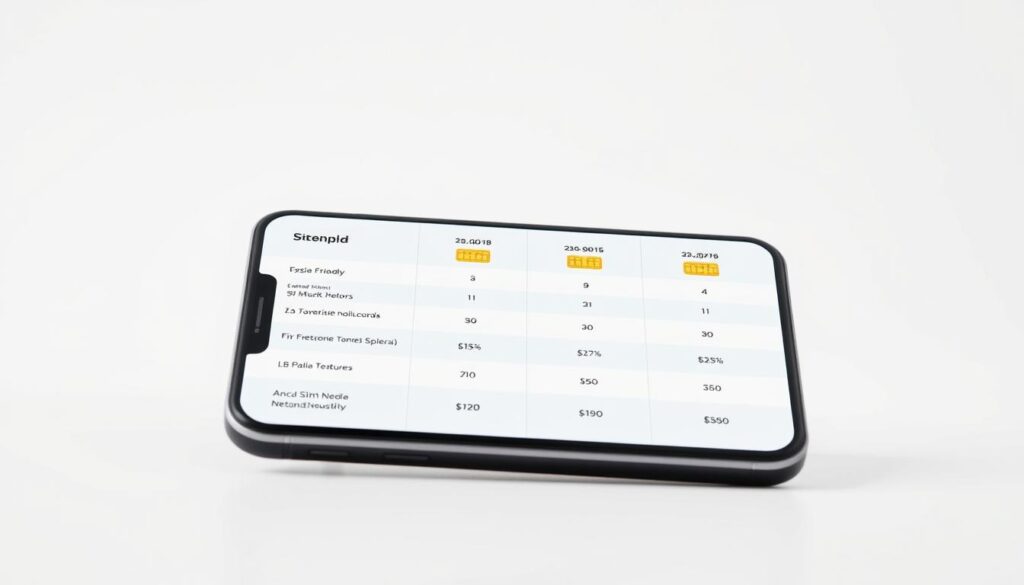 A detailed comparison of budget-friendly SIM-only mobile plans displayed on a sleek, modern device against a minimalist white background. Soft directional lighting illuminates the plan details, which are presented in a clean, organized grid layout. The overall aesthetic is crisp, contemporary and data-driven, highlighting the key plan features such as data allowances, network speeds and monthly costs in an easy-to-digest format. The composition strikes a balance between showcasing the plan information and maintaining a visually appealing, uncluttered design.