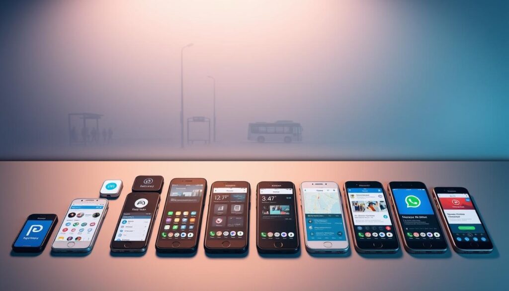 A detailed comparison of bus app features laid out in a sleek, modern layout. In the foreground, various app icons and screenshots are arranged in a grid, showcasing the key functionalities of top bus apps. The middle ground depicts a minimalist cityscape with bus stops and commuters, hinting at the real-world usage context. The background features a subtle gradient, creating a sense of depth and emphasis on the app comparison. Soft, directional lighting casts gentle shadows, lending a polished, professional look. The overall mood is one of efficiency, utility, and informed decision-making for the urban traveler.