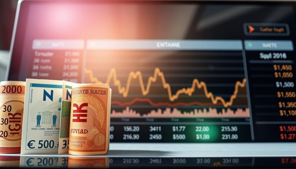 A detailed comparison of currency exchange rates displayed on a modern financial dashboard. In the foreground, various currencies are shown side-by-side, with their respective exchange rates prominently featured. The middle ground showcases a graph or chart visualizing the fluctuations in exchange rates over time, providing valuable insights. The background features a sleek, minimalist design with clean lines and a muted color palette, creating a professional and informative atmosphere. Bright, natural lighting illuminates the scene, enhancing the clarity and legibility of the financial data. The overall composition conveys a sense of informed decision-making and financial awareness.