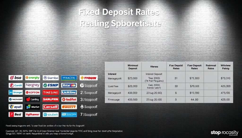 A detailed comparison of fixed deposit rates among leading Singapore banks, showcased in a sleek, data-driven infographic. In the foreground, a striking grid of bank logos, each accompanied by their respective interest rates for 1-year fixed deposits. The middle ground features a clean, minimalist table highlighting key metrics like minimum deposit, withdrawal policies, and interest payout frequencies. In the background, a subtle, elegantly-textured backdrop evokes the refined, professional atmosphere of the banking industry. Crisp, high-contrast lighting accentuates the precise, informative layout, conveying a sense of authority and reliable financial guidance. A detailed comparison of fixed deposit rates among leading Singapore banks, showcased in a sleek, data-driven infographic. In the foreground, a striking grid of bank logos, each accompanied by their respective interest rates for 1-year fixed deposits. The middle ground features a clean, minimalist table highlighting key metrics like minimum deposit, withdrawal policies, and interest payout frequencies. In the background, a subtle, elegantly-textured backdrop evokes the refined, professional atmosphere of the banking industry. Crisp, high-contrast lighting accentuates the precise, informative layout, conveying a sense of authority and reliable financial guidance.