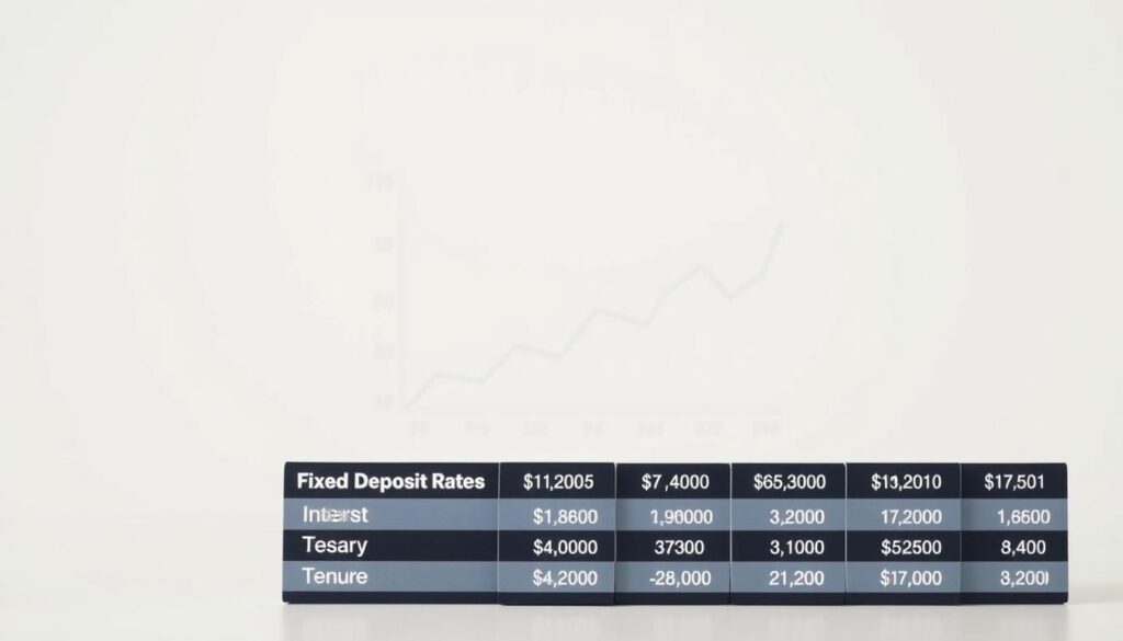 A detailed comparison of fixed deposit rates from top banks in Singapore, showcased against a clean, minimalist background. The foreground features a sleek table displaying key information like interest rates, minimum deposits, and tenure options, all rendered in a crisp, legible typeface. The middle ground presents a subtle line graph highlighting the rate fluctuations over time, providing context for the data. The background maintains a soft, neutral palette, allowing the financial details to take center stage and grab the viewer's attention. Subtle depth-of-field blur and balanced lighting create a professional, editorial atmosphere, suitable for an informative finance article. A detailed comparison of fixed deposit rates from top banks in Singapore, showcased against a clean, minimalist background. The foreground features a sleek table displaying key information like interest rates, minimum deposits, and tenure options, all rendered in a crisp, legible typeface. The middle ground presents a subtle line graph highlighting the rate fluctuations over time, providing context for the data. The background maintains a soft, neutral palette, allowing the financial details to take center stage and grab the viewer's attention. Subtle depth-of-field blur and balanced lighting create a professional, editorial atmosphere, suitable for an informative finance article.
