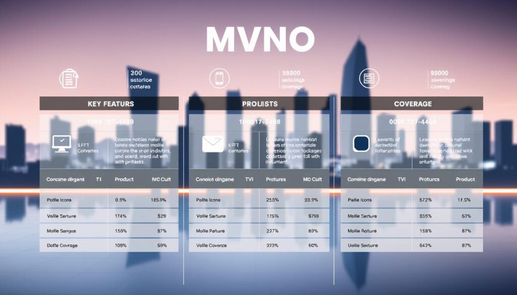 A detailed comparison of leading MVNO (Mobile Virtual Network Operator) providers, showcased against a sleek, futuristic backdrop. In the foreground, crisp product icons and minimalist data visualizations neatly display key features, pricing, and coverage. The middle ground features elegant, high-contrast silhouettes of various mobile devices, hinting at the diverse connectivity options. In the background, a soft, gradient-based cityscape creates a sense of urban sophistication, complemented by subtle lighting effects that lend a premium, technology-driven atmosphere. The overall composition strikes a balance between analytical clarity and aesthetic refinement, inviting the viewer to explore the MVNO landscape with confidence. A detailed comparison of leading MVNO (Mobile Virtual Network Operator) providers, showcased against a sleek, futuristic backdrop. In the foreground, crisp product icons and minimalist data visualizations neatly display key features, pricing, and coverage. The middle ground features elegant, high-contrast silhouettes of various mobile devices, hinting at the diverse connectivity options. In the background, a soft, gradient-based cityscape creates a sense of urban sophistication, complemented by subtle lighting effects that lend a premium, technology-driven atmosphere. The overall composition strikes a balance between analytical clarity and aesthetic refinement, inviting the viewer to explore the MVNO landscape with confidence.
