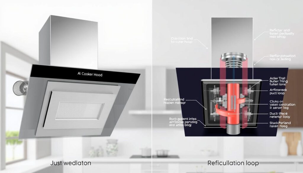 A detailed cross-sectional diagram showcasing the key differences between ducted and recirculating ventilation systems for cooker hoods. In the foreground, a pair of sleek, high-end cooker hoods in stainless steel and glass, one with a visible ductwork connection, the other with a closed recirculation loop. In the middle ground, cutaway views revealing the internal mechanisms and airflow paths of each system, with clear labels and annotations describing the technical details. The background features a minimalist, well-lit interior setting, highlighting the integration of these ventilation solutions into modern kitchen design. The overall mood is informative and technical, with a focus on form, function, and the practical considerations for homeowners.
