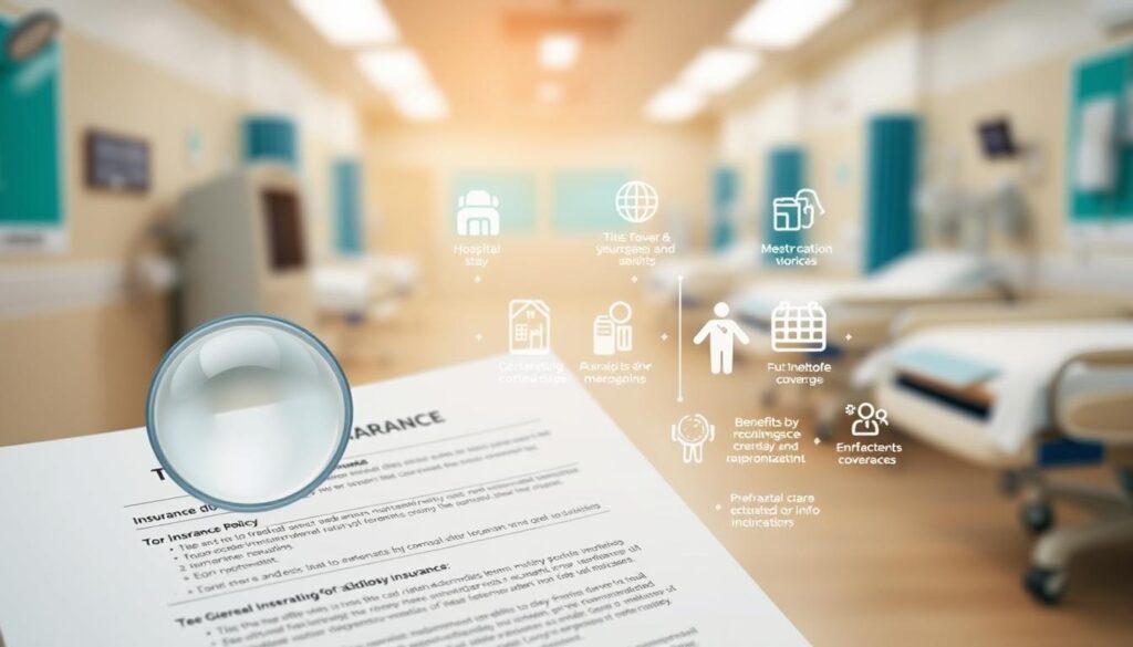 A detailed diagram depicting the core components of maternity insurance coverage. In the foreground, a magnified view of an insurance policy document showcases the key coverage details, such as hospital stay, doctor visits, and prenatal care. In the middle ground, graphical icons and infographics visually represent the different benefits and limitations. The background features a soft, blurred medical setting with hospital beds and examination equipment, conveying a sense of professionalism and authority. The overall scene is lit with warm, natural lighting and captured at a slightly elevated angle to provide an informative, educational perspective.