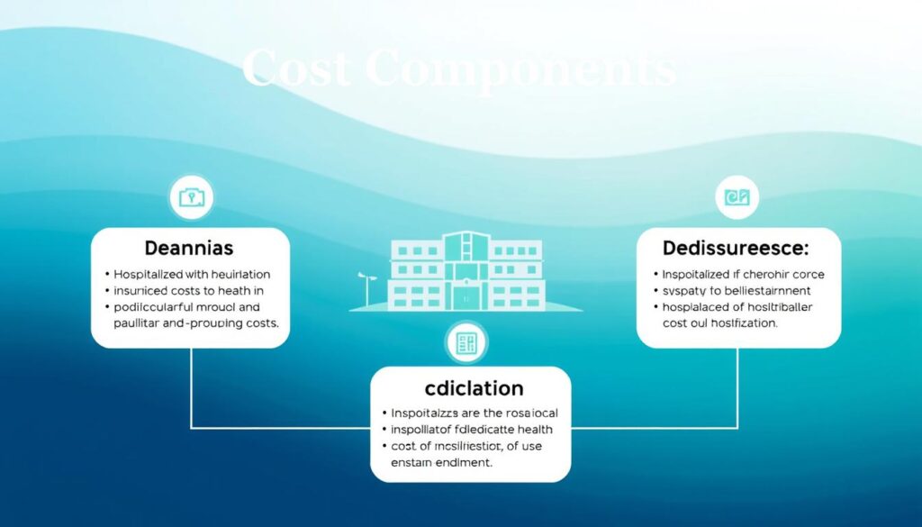 A detailed diagram depicting the key cost components of health insurance policies. In the foreground, prominently displayed are the three main cost factors: premiums, deductibles, and coinsurance, each visually represented by clear icons and concise explanations. The middle ground showcases a stylized illustration of a medical facility, highlighting the interconnected nature of healthcare costs. The background features a subtle gradient of soothing blues and greens, conveying a sense of professionalism and trustworthiness. The overall composition is clean, balanced, and designed to effectively communicate the essential information required to understand the financial aspects of hospitalization insurance. Lighting is soft and natural, with a focus on clarity and legibility. The camera angle is slightly elevated, providing an inclusive, educational perspective.