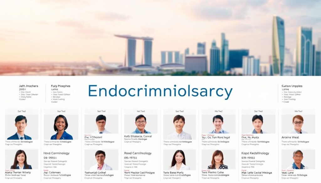 A detailed directory showcasing a collection of esteemed endocrinology specialists in Singapore. The foreground features a clean, professional layout with neatly organized headshots, names, and credentials of top-rated practitioners. The middle ground offers a sleek, minimalist design with subtle grid lines and soft pastel hues, creating a sense of order and expertise. The background subtly blends a cityscape of Singapore's iconic architecture, hinting at the high-caliber care available within the bustling metropolis. The overall aesthetic conveys a tone of authority, reliability, and exceptional medical service, perfectly suited to guide patients towards the most qualified endocrinology experts.