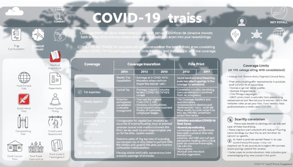 A detailed, high-resolution image of COVID-19 travel insurance coverage details presented in a clean, professional layout. The foreground features an array of icons and infographic elements illustrating key coverage aspects such as medical expenses, trip cancellation, and quarantine accommodation. The middle ground showcases a central table or informational panel highlighting the coverage limits, exclusions, and fine print in a clear, organized manner. The background has a subtle, blurred world map or travel-related motifs to reinforce the context. The overall tone is authoritative, informative, and visually striking, making it suitable for an article on the best COVID-19 travel insurance options in Singapore. A detailed, high-resolution image of COVID-19 travel insurance coverage details presented in a clean, professional layout. The foreground features an array of icons and infographic elements illustrating key coverage aspects such as medical expenses, trip cancellation, and quarantine accommodation. The middle ground showcases a central table or informational panel highlighting the coverage limits, exclusions, and fine print in a clear, organized manner. The background has a subtle, blurred world map or travel-related motifs to reinforce the context. The overall tone is authoritative, informative, and visually striking, making it suitable for an article on the best COVID-19 travel insurance options in Singapore.