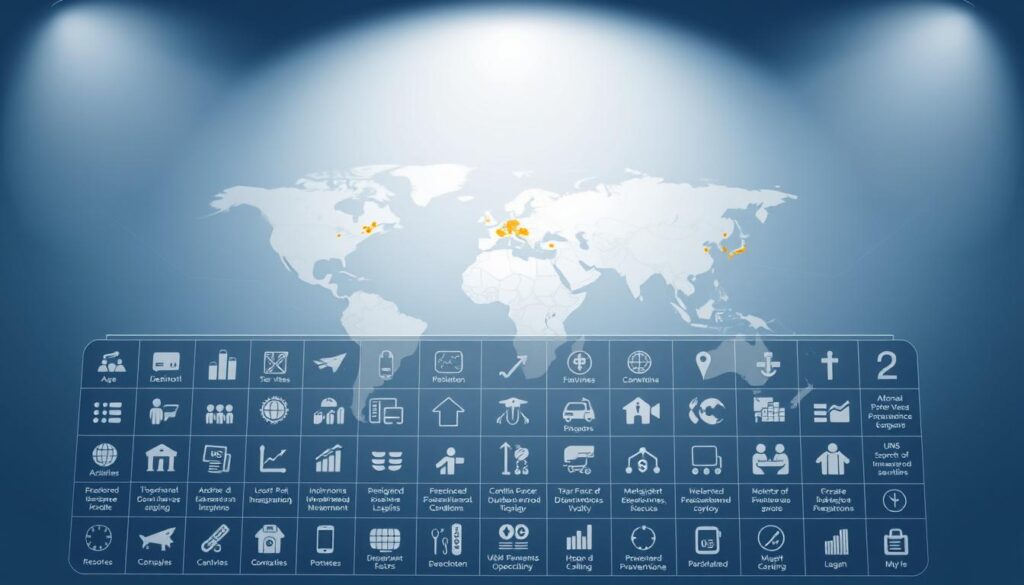 A detailed illustration of the key factors that impact the cost of travel insurance premiums, captured in a realistic, data-driven infographic style. The foreground features a grid of icons representing various risk factors like age, destination, activities, and medical conditions. The middle ground showcases a stylized world map, highlighting regions with higher risk profiles. The background subtly integrates financial graphs and charts, conveying the analytical nature of the subject matter. The lighting is clear and crisp, with a slightly muted color palette to maintain a professional, informative tone. The overall composition strikes a balance between visual appeal and technical precision, guiding the viewer through the core elements that shape travel insurance premium costs.