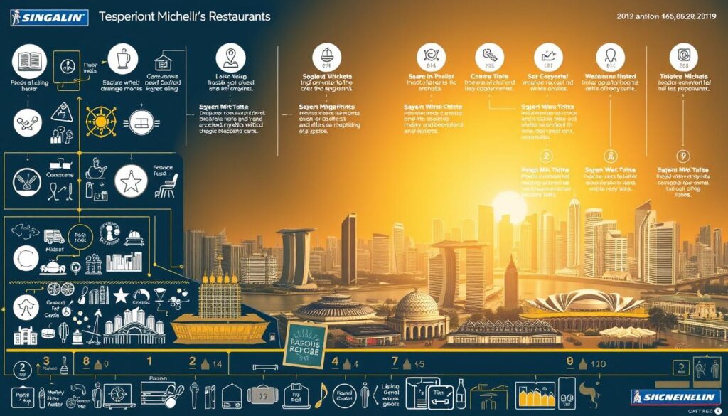 A detailed illustration showcasing the methodology for selecting Singapore's top Michelin star restaurants. In the foreground, a meticulously crafted decision-making process is depicted, with intricate icons and infographic elements. The middle ground features a panoramic view of Singapore's iconic skyline, with renowned Michelin-starred establishments prominently displayed. The background is bathed in a warm, golden light, conveying a sense of prestige and culinary excellence. The overall composition strikes a balance between analytical rigor and the allure of Singapore's vibrant dining scene, inviting the viewer to explore the strategies behind identifying the city's most remarkable Michelin-starred restaurants.