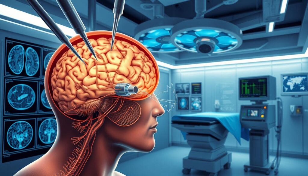 A detailed medical illustration depicting deep brain stimulation therapy. The foreground shows a patient's head with an open cranial cavity, revealing the brain and intricate neural networks. Delicate surgical instruments are carefully manipulating the brain tissue, with a pulsing electrical implant visible. The middle ground features advanced medical imaging scans, diagrams, and data visualizations, providing technical insights into the procedure. The background showcases a modern, sterile operating theater with state-of-the-art equipment, crisp lighting, and a sense of clinical precision. The overall mood is one of cutting-edge neuroscience, innovation, and the meticulous treatment of complex neurological conditions.