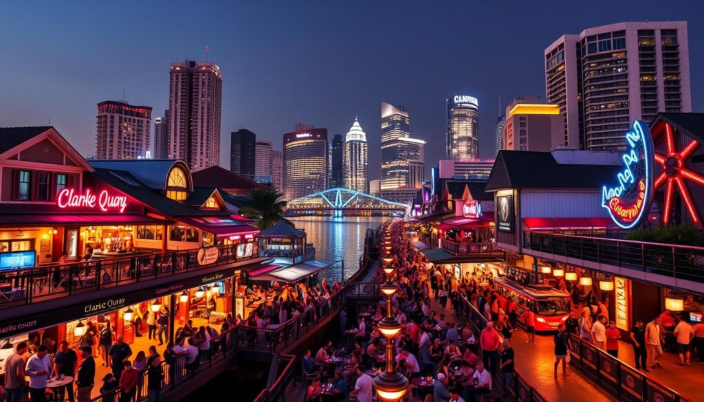 A detailed nightlife map of Clarke Quay, Singapore, capturing the vibrant energy of this premier entertainment district. The foreground showcases the bustling waterfront promenade lined with lively bars, clubs, and restaurants, their neon signs and festive lighting illuminating the scene. In the middle ground, clusters of people spill out onto the streets, enjoying the pulsing music and lively atmosphere. The background features the distinctive historic shophouses and modern high-rises that define the iconic Clarke Quay skyline, bathed in a warm, golden glow under a clear night sky. The overall composition conveys the lively, laidback, and cosmopolitan vibe of this popular nightlife destination.