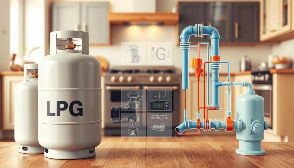 A detailed, photorealistic illustration of a side-by-side comparison of LPG (liquefied petroleum gas) and piped town gas supply systems. In the foreground, showcase the different gas cylinder and pipeline setups, highlighting their distinct visual characteristics. In the middle ground, include detailed cutaway diagrams or cross-sections to reveal the internal components and mechanisms of each gas supply type. In the background, depict a modern kitchen setting with stoves and appliances to provide context. Utilize warm, natural lighting, a shallow depth of field, and a slightly elevated camera angle to create a professional, educational feel. Ensure the illustration conveys a clear, informative comparison between the two gas supply options.