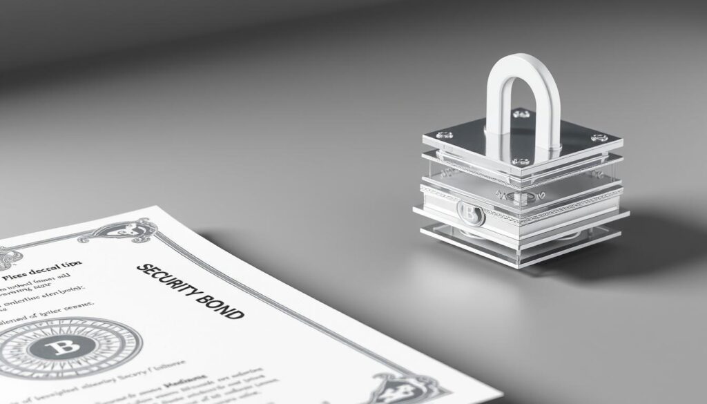 A detailed technical diagram of a security bond, rendered in a clean, minimalist style. The foreground depicts the bond certificate with precise geometric patterns, embossed security seals, and intricate filigree. The midground shows a 3D model of the bond's physical structure, with its distinct layers and security features highlighted. The background is a muted gradient, allowing the bond's design elements to take center stage. The lighting is soft and diffused, creating a sense of professionalism and reliability. The camera angle is slightly elevated, giving the viewer a comprehensive overview of the security bond's construction and security measures.