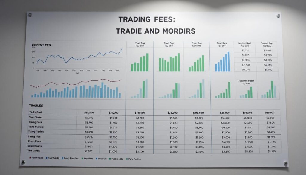 A detailed trading fees comparison chart presented in a clean, minimalist style. The chart features prominent data visualizations - line graphs, bar charts, and tables - showcasing the key fees and commissions of different trading platforms. The layout is balanced and visually appealing, with ample negative space. Muted colors like grays, blues, and greens create a professional, analytical atmosphere. Lighting is soft and diffused, with a subtle vignette effect drawing the viewer's attention to the central chart. The camera angle is slightly elevated, providing an overview of the comprehensive comparative information. The entire scene conveys a sense of clarity and utility, ideal for educating readers on the impact of trading costs.