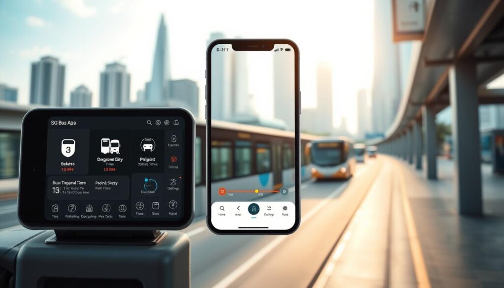 A detailed, visually appealing interface of the SG Bus App, showcasing real-time bus arrival information. The foreground displays a sleek, intuitive dashboard with clear vehicle icons, departure times, and route details. The middle ground features a clean, minimalist design with crisp typography and subtle highlights, reflecting the app's user-friendly nature. The background subtly blends Singapore's urban landscape, with skyscrapers and public transportation infrastructure visible through translucent layers, contextualizing the app's purpose. The lighting is natural and warm, creating a calm, inviting atmosphere. The camera angle is slightly elevated, offering a comprehensive view of the app's functionality. Overall, the image conveys the SG Bus App's straightforward, efficient, and locally relevant capabilities.