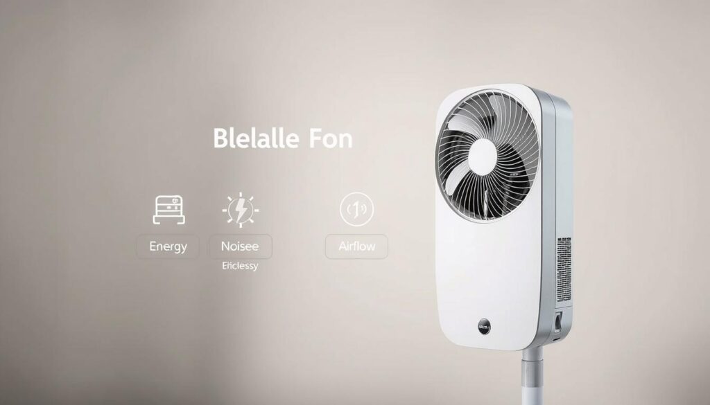 A detailed, well-lit product shot of a cooling device, set against a clean, minimalist background. The device is positioned in the foreground, showcasing its sleek, bladeless design with precision. In the middle ground, key decision factors are displayed, such as energy efficiency, noise level, and airflow. The background features subtle patterns or textures to provide visual interest, while maintaining a sense of balance and focus on the main subject. Lighting is soft and diffused, creating a professional, high-quality aesthetic suitable for an editorial publication.