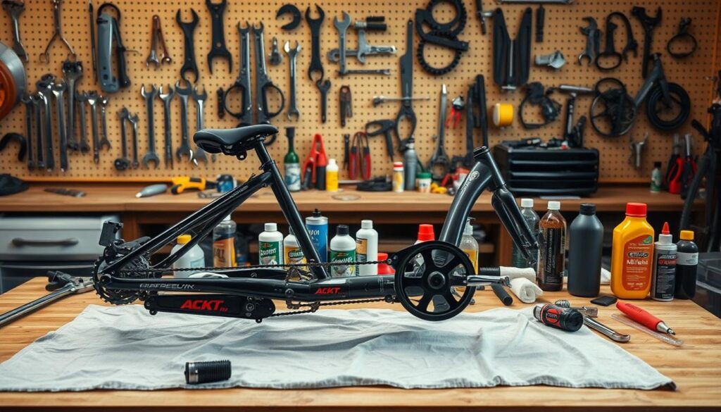 A detailed workshop table with various tools and maintenance items for a folding bike. In the foreground, a partially disassembled folding bike frame rests on a clean cloth, showcasing its intricate mechanisms. In the middle ground, a set of wrenches, lubricants, and cleaning supplies are neatly arranged, suggesting the care and attention required for proper folding bike maintenance. The background features a well-lit, organized workshop space with pegboards displaying additional tools and spare parts. The lighting is warm and natural, creating a sense of focus and professionalism, inviting the viewer to learn more about the best practices for maintaining a reliable and long-lasting folding bike.