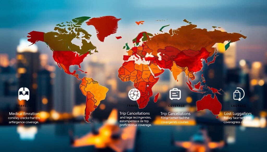 A detailed world map floats in the foreground, illuminated by warm, natural lighting. The map's regions are color-coded, indicating different levels of travel protection coverage. In the middle ground, icons representing various travel risks - such as medical emergencies, trip cancellations, and lost luggage - are displayed alongside corresponding coverage explanations. The background features a blurred cityscape, evoking the global nature of travel and the need for comprehensive protection. The overall composition conveys a sense of informative clarity, guiding the viewer through the complexities of travel insurance coverage areas. A detailed world map floats in the foreground, illuminated by warm, natural lighting. The map's regions are color-coded, indicating different levels of travel protection coverage. In the middle ground, icons representing various travel risks - such as medical emergencies, trip cancellations, and lost luggage - are displayed alongside corresponding coverage explanations. The background features a blurred cityscape, evoking the global nature of travel and the need for comprehensive protection. The overall composition conveys a sense of informative clarity, guiding the viewer through the complexities of travel insurance coverage areas.