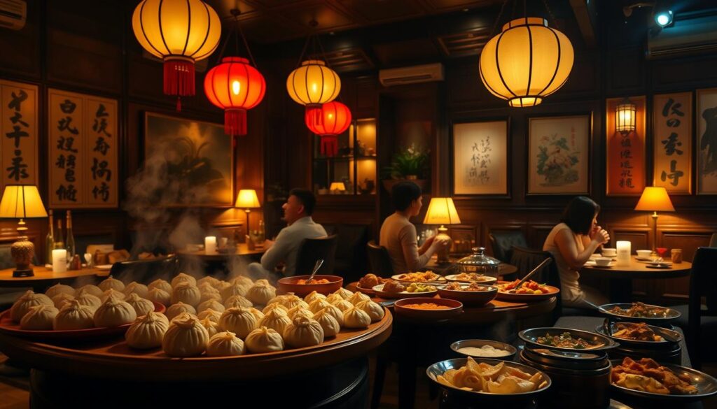 A dimly lit Cantonese restaurant interior, illuminated by the warm glow of hanging lanterns and the soft light of tabletop lamps. In the foreground, a lavish late-night dim sum selection laid out on wooden trays - steaming buns, delicate dumplings, sizzling plates of savory delights. Diners seated around small round tables, chatting and savoring the array of flavors. Walls adorned with Chinese calligraphy and traditional artwork, creating an authentic atmosphere. A sense of tradition and indulgence permeates the scene, inviting the viewer to experience the essence of a beloved Singaporean late-night dim sum institution. A dimly lit Cantonese restaurant interior, illuminated by the warm glow of hanging lanterns and the soft light of tabletop lamps. In the foreground, a lavish late-night dim sum selection laid out on wooden trays - steaming buns, delicate dumplings, sizzling plates of savory delights. Diners seated around small round tables, chatting and savoring the array of flavors. Walls adorned with Chinese calligraphy and traditional artwork, creating an authentic atmosphere. A sense of tradition and indulgence permeates the scene, inviting the viewer to experience the essence of a beloved Singaporean late-night dim sum institution.