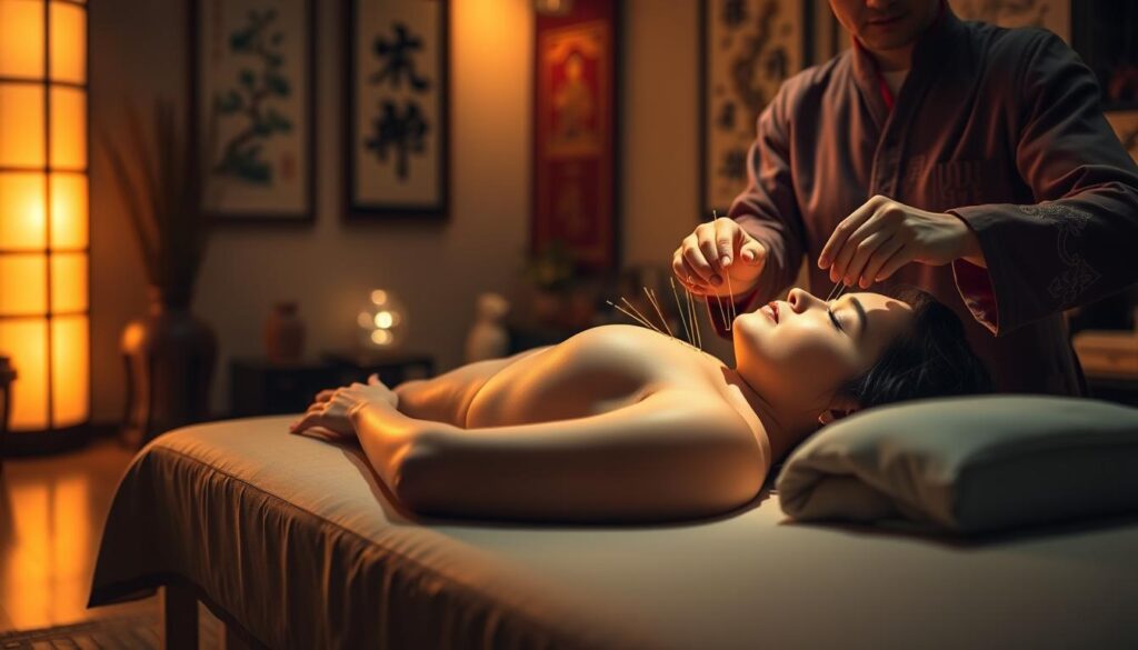 A dimly lit acupuncture clinic, with soft ambient lighting casting a warm glow. In the foreground, a patient resting comfortably on a massage table, their eyes closed as thin, delicate acupuncture needles are gently inserted into key points along their body. The practitioner, dressed in traditional Chinese attire, moves with precision and care, their hands steady and their expression serene. The background features traditional Chinese art and decor, creating a tranquil, restorative atmosphere. The overall scene conveys a sense of peace, relaxation, and the effectiveness of this pain-free acupuncture therapy. A dimly lit acupuncture clinic, with soft ambient lighting casting a warm glow. In the foreground, a patient resting comfortably on a massage table, their eyes closed as thin, delicate acupuncture needles are gently inserted into key points along their body. The practitioner, dressed in traditional Chinese attire, moves with precision and care, their hands steady and their expression serene. The background features traditional Chinese art and decor, creating a tranquil, restorative atmosphere. The overall scene conveys a sense of peace, relaxation, and the effectiveness of this pain-free acupuncture therapy.