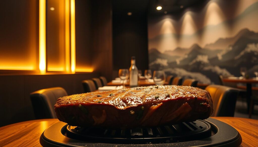 A dimly lit, cozy Korean steakhouse with a sleek, contemporary interior. In the foreground, a sizzling Wagyu beef steak takes center stage, glistening under the warm, golden lighting. The middle ground reveals an elegant wooden dining table, set with delicate tableware and accompanied by a bottle of premium soju. In the background, a wall-to-wall mural depicts a serene Korean landscape, infusing the space with a sense of cultural authenticity. The overall atmosphere is one of refined sophistication, inviting guests to indulge in a Michelin-starred dining experience. A dimly lit, cozy Korean steakhouse with a sleek, contemporary interior. In the foreground, a sizzling Wagyu beef steak takes center stage, glistening under the warm, golden lighting. The middle ground reveals an elegant wooden dining table, set with delicate tableware and accompanied by a bottle of premium soju. In the background, a wall-to-wall mural depicts a serene Korean landscape, infusing the space with a sense of cultural authenticity. The overall atmosphere is one of refined sophistication, inviting guests to indulge in a Michelin-starred dining experience.
