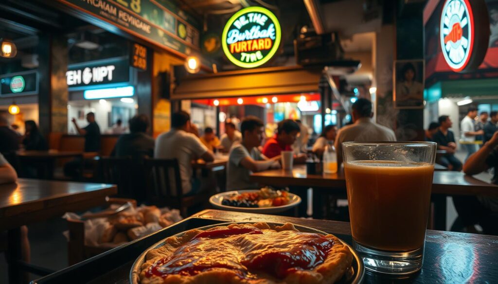 A dimly-lit, cozy Singaporean murtabak restaurant, with a bustling late-night atmosphere. The foreground features a steaming hot murtabak, fresh off the grill, accompanied by a glass of frothy teh tarik. In the middle ground, patrons sit at wooden tables, engaged in lively conversations over plates of savory murtabak and other local delights. The background showcases the restaurant's vibrant neon signage and a lively street scene, hinting at the neighborhood's vibrant nightlife. The lighting is warm and inviting, casting a golden glow over the entire scene, creating a welcoming and comforting ambiance.