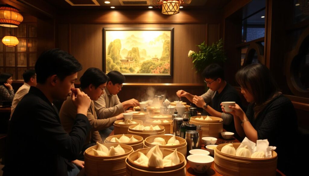 A dimly lit, cozy dim sum restaurant in Singapore. Customers sit at wooden tables, enjoying a selection of steaming bamboo baskets filled with dumplings, buns, and other Cantonese delicacies. The atmosphere is vibrant, with the sound of clinking teacups and lively conversation. Soft, warm lighting casts a golden glow, creating an intimate and inviting ambiance. In the background, a traditional Chinese landscape painting adorns the wall, complementing the authentic decor. The scene captures the essence of a genuine, immersive dim sum dining experience.