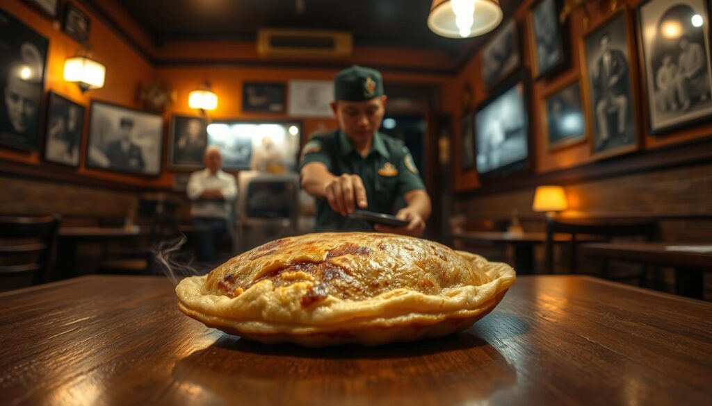 A dimly lit, cozy interior of a traditional Singaporean restaurant. In the foreground, a golden-brown murtabak, freshly fried to crispy perfection, sits on a wooden table, steam gently rising. The murtabak's flaky, paper-thin crust envelops a savory filling of minced meat and spices. In the middle ground, a uniformed server places the murtabak on the table, their movements precise and practiced, reflecting the restaurant's century-old murtabak-making tradition. The background shows the warm, amber-hued lighting casting a soft glow on the restaurant's walls, adorned with vintage memorabilia and framed photographs, creating an atmosphere of timeless elegance and culinary heritage.