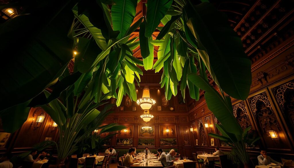 A dimly lit, cozy interior of the iconic Banana Leaf Apolo restaurant in Singapore. The warm glow of incandescent lighting filters through the lush, verdant banana leaves that cascade from the high ceiling, creating a serene, tropical ambiance. Ornate wooden furnishings and intricate wall carvings add to the authentic, heritage-inspired aesthetic. Patrons are seated at neatly laid tables, savoring the fragrant, traditional Indian cuisine. A wide-angle lens captures the expansive, inviting space, showcasing the restaurant's timeless blend of Singaporean and Indian cultural influences.