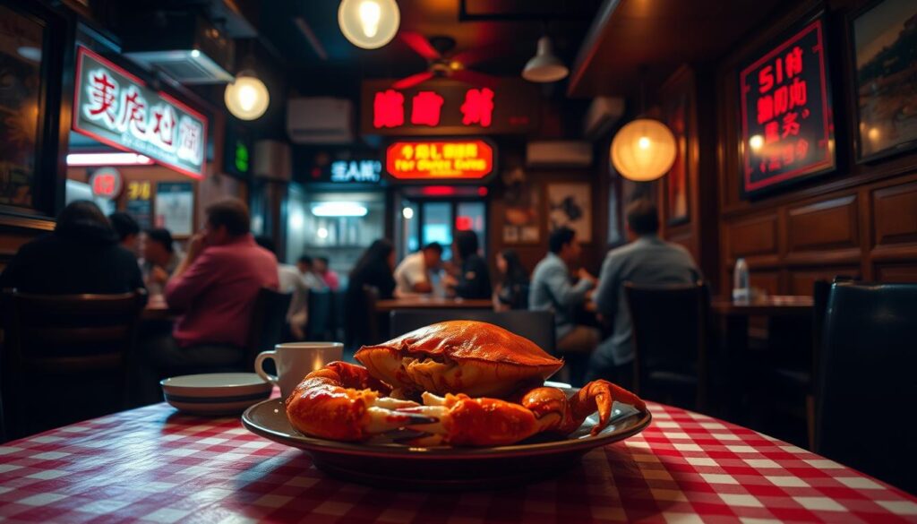 A dimly lit, cozy restaurant interior with a warm, inviting atmosphere. In the foreground, a table is set with a red-and-white checkered tablecloth, adorned with a plate of mouthwatering pepper crab, its succulent meat glistening under the soft, amber lighting. In the middle ground, patrons are seated around the table, engaged in lively conversation, creating a lively yet intimate ambiance. The background features the restaurant's classic wooden furnishings and decor, evoking a traditional Singaporean seafood establishment. The overall scene captures the late-night allure of indulging in the renowned Sin Hoi Sai pepper crab, a quintessential Singaporean culinary experience.