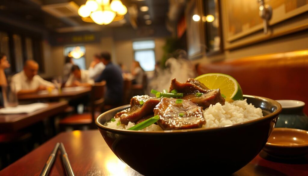 A dimly lit, cozy restaurant interior. In the foreground, a steaming bowl of braised duck rice, the meat fork-tender, the sauce a rich, glossy brown. Slices of duck breast glistening, nestled atop fragrant jasmine rice. Scattered around the bowl, bright green chives and a wedge of fresh lime. On the table, a pair of chopsticks and a small ceramic dish, perhaps containing a savory condiment. In the background, the faint outlines of other tables, hints of conversation and the clinking of glasses. Warm, golden lighting casts a soft glow, creating an atmosphere of comfort and authenticity. This is a hidden gem, a local favorite, captured in a single, evocative scene.