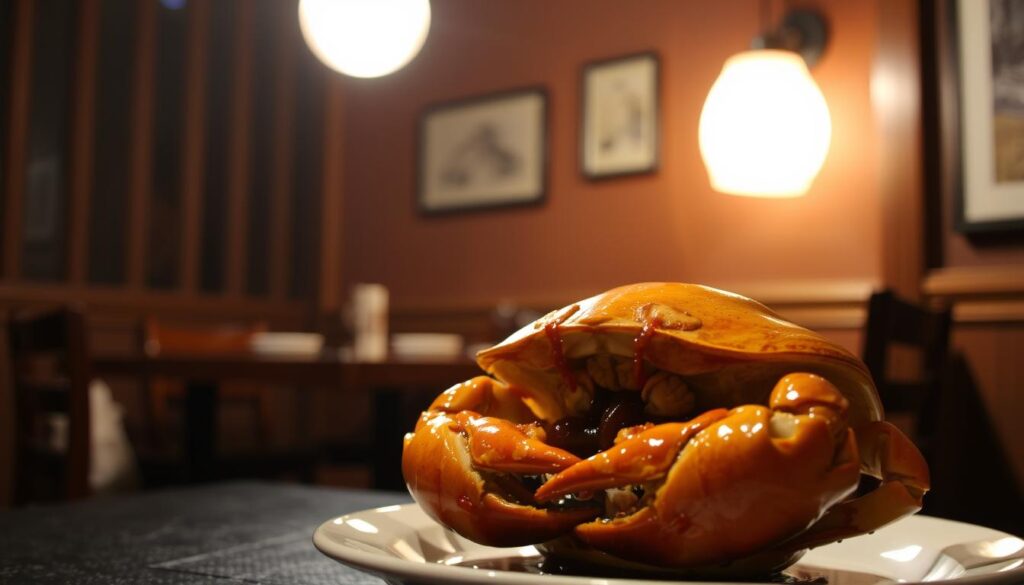 A dimly lit dining room at Chin Huat Live Seafood, a hidden gem in Singapore's Sunset Way. In the foreground, a large golden-brown crab sits atop a plate, its succulent meat drizzled with a rich, glossy sauce. The crab's shell gleams under the warm, soft lighting, casting a gentle glow across the table. In the middle ground, a wooden table and simple place settings create a cozy, intimate atmosphere. The background is blurred, drawing the eye to the star of the scene - the mouthwatering crab dish. The overall mood is one of decadence and culinary delight, inviting the viewer to imagine the flavors and textures of this exquisite Singaporean delicacy.