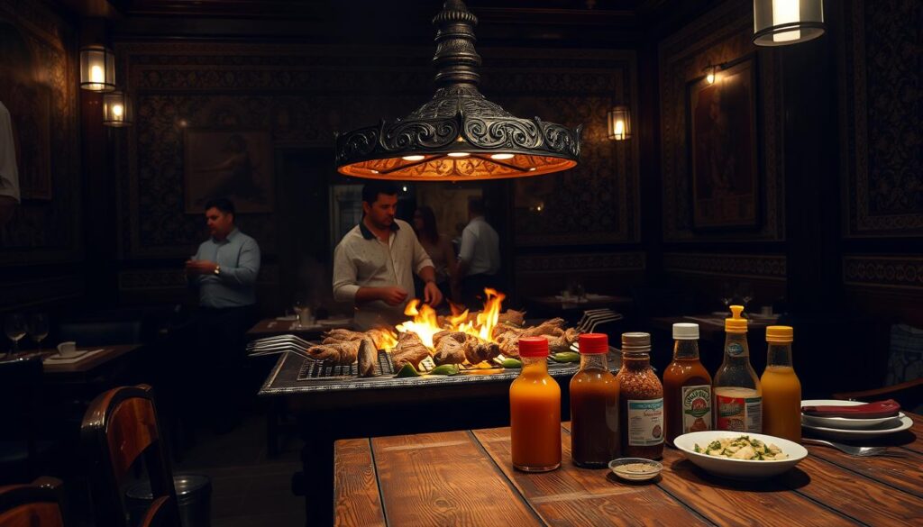 A dimly lit dining room, the air thick with the aroma of sizzling meat. At the center, a large, ornate grill, its flames dancing over skewers of tender, marinated lamb and chicken. In the foreground, a weathered wooden table, set with an array of vibrant, fragrant condiments and sauces, inviting diners to customize their kebab experience. The walls are adorned with intricate tile work and tapestries, creating an atmosphere of traditional elegance. Soft, warm lighting casts a cozy glow, and the sounds of lively conversation and the sizzle of the grill fill the space, transporting the viewer to an authentic Middle Eastern dining experience.