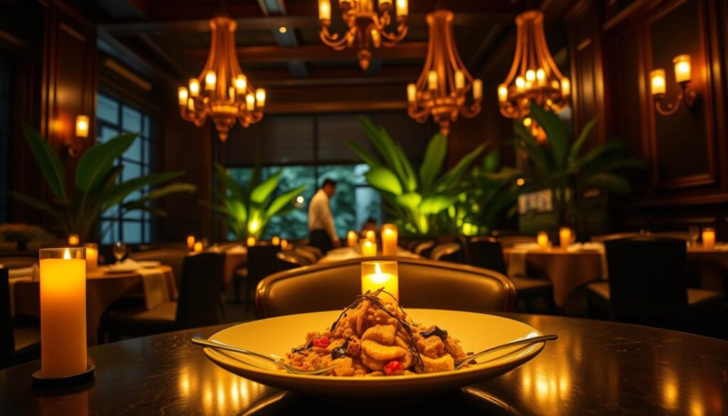 A dimly lit, elegant Peranakan dining room with warm candlelight illuminating the table. In the foreground, a beautifully plated, modern Peranakan dish with intricate flavors and textures. In the middle ground, attentive servers in traditional attire moving gracefully between the tables. The background features rich, dark wood paneling, ornate chandeliers, and lush, tropical greenery, creating an immersive, luxurious atmosphere. The lighting is soft and moody, casting a golden glow over the scene, evoking a sense of refined, Michelin-starred dining experience. The overall composition conveys the essence of Candlenut's modern take on traditional Peranakan cuisine in a sophisticated, intimate setting.