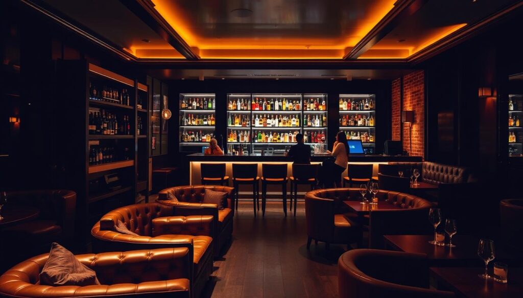 A dimly lit, elegant craft cocktail bar with a sophisticated ambiance. Plush leather armchairs and low tables create intimate seating areas. A sleek, backlit bar showcases an array of premium spirits and artisanal mixers. Warm, golden lighting casts a glow over the polished wood accents and exposed brick walls. Patrons sip meticulously crafted cocktails while engaging in lively conversation. The atmosphere is one of refined relaxation, perfect for savoring the finest libations Singapore has to offer.