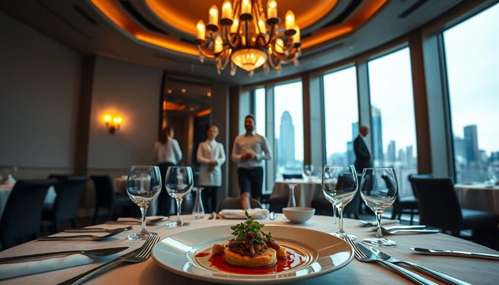A dimly lit, elegant dining room with a dramatic chandelier casting a warm glow over the table setting. Crisp white linens, polished silverware, and crystal stemware create an atmosphere of refined sophistication. In the foreground, a well-plated, visually stunning dish is the centerpiece, showcasing the precision and artistry of a Michelin-starred chef. The middle ground features a team of attentive servers, moving gracefully to ensure a seamless dining experience. In the background, floor-to-ceiling windows offer a glimpse of a bustling city skyline, adding a sense of urban sophistication to the scene. The overall mood is one of indulgence, exclusivity, and the promise of a truly memorable culinary journey.