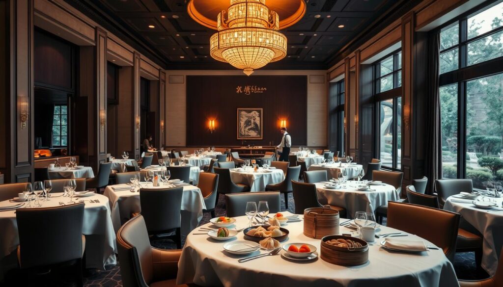 A dimly lit, elegant dining room with plush upholstered chairs and tables draped in crisp white linens. In the center, a grand chandelier casts a warm, golden glow over the scene. On the tables, a variety of artfully presented dim sum dishes, their delicate wrappers and vibrant fillings glistening. Servers in crisp uniforms glide gracefully through the space, delivering steaming bamboo baskets and fragrant tea. Large windows overlooking a tranquil garden create a serene, luxurious ambiance. The atmosphere is one of refined sophistication, inviting diners to savor the flavors and atmosphere of this Michelin-recommended dining experience.