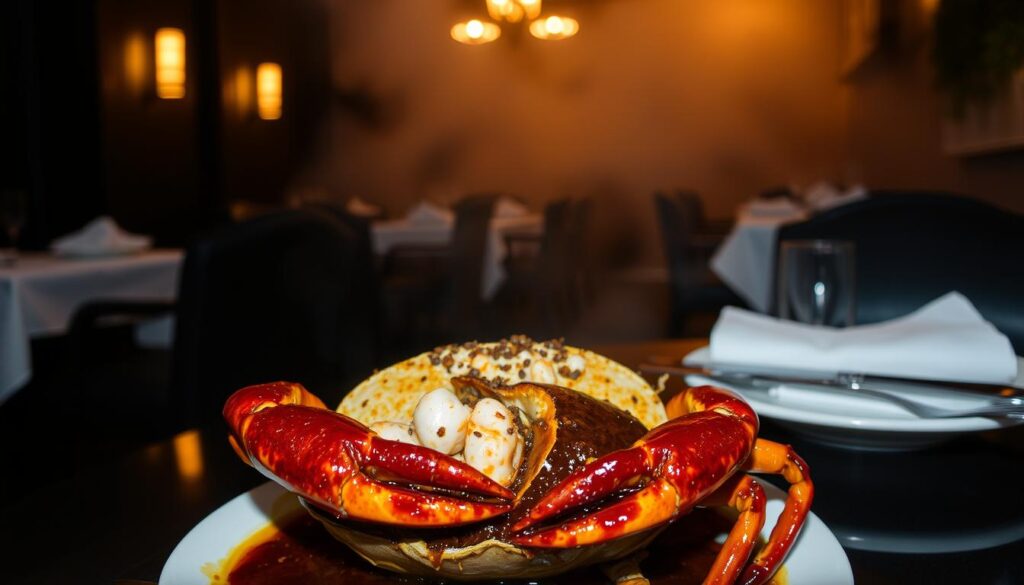 A dimly lit, intimate dining space at Roland Restaurant. In the foreground, a succulent whole black pepper crab, its shell cracked open, glistening with a thick, glossy sauce. Juicy crab meat spills out, contrasted by the sharp, pungent aroma of freshly cracked black peppercorns. In the middle ground, a small, elegant table setting, with white linen napkins and gleaming cutlery. The background is hazy, with soft, warm lighting casting a cozy glow over the scene. The overall mood is one of indulgence, comfort, and the perfect balance of flavors that has made Roland's black pepper crab a iconic Singaporean dish.