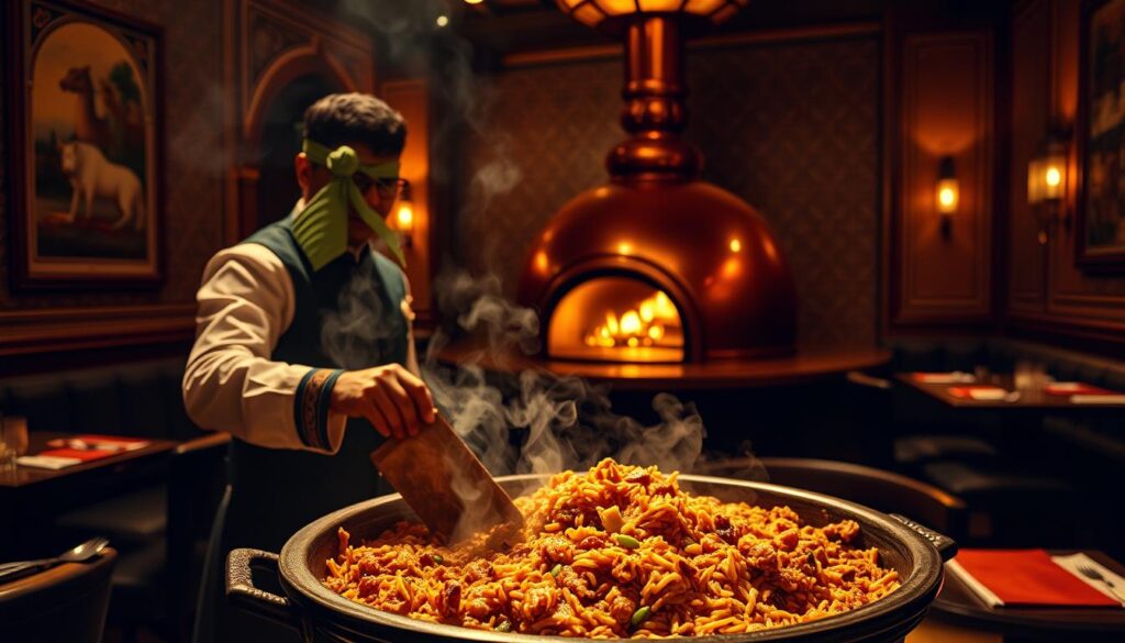 A dimly lit, intimate restaurant interior with warm lighting highlighting a large clay pot filled with aromatic Hyderabadi biryani. In the foreground, a server in traditional attire serves the dish, steam gently rising. Behind him, the walls are adorned with Mughal-inspired artwork and intricate tile patterns, creating an authentic, immersive ambiance. In the background, a large copper tandoor oven glows, hinting at the kitchen's dedication to traditional cooking methods. The overall scene evokes a sense of rich heritage, attention to detail, and the mouthwatering promise of a truly exceptional Hyderabadi culinary experience. A dimly lit, intimate restaurant interior with warm lighting highlighting a large clay pot filled with aromatic Hyderabadi biryani. In the foreground, a server in traditional attire serves the dish, steam gently rising. Behind him, the walls are adorned with Mughal-inspired artwork and intricate tile patterns, creating an authentic, immersive ambiance. In the background, a large copper tandoor oven glows, hinting at the kitchen's dedication to traditional cooking methods. The overall scene evokes a sense of rich heritage, attention to detail, and the mouthwatering promise of a truly exceptional Hyderabadi culinary experience.