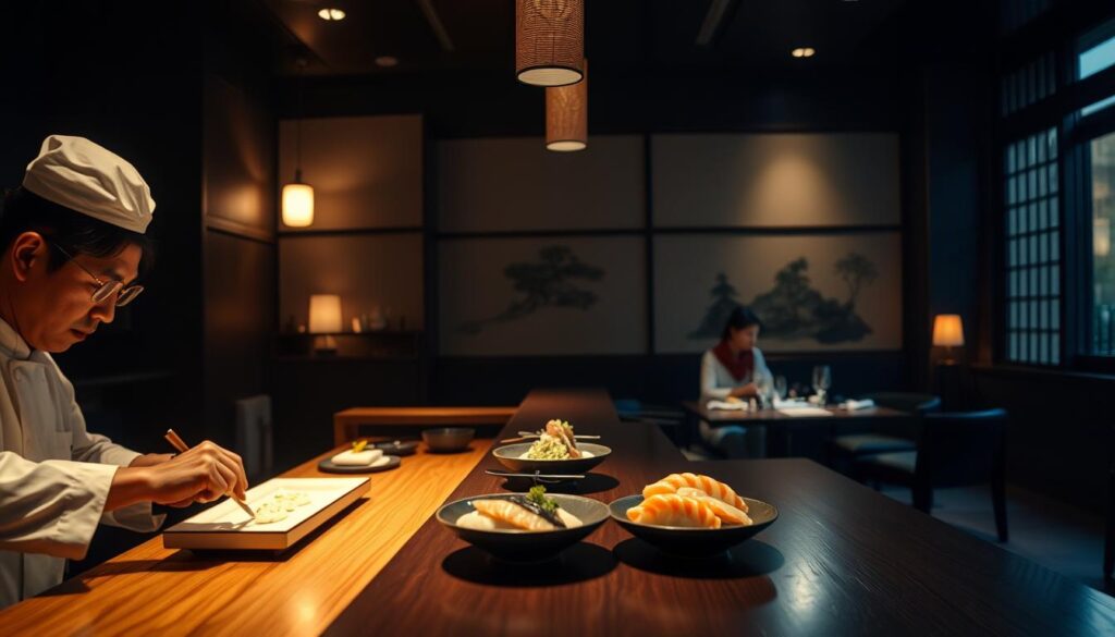 A dimly lit, intimate sushi restaurant with a Japanese-inspired interior. In the foreground, a wooden sushi counter with a skilled chef meticulously preparing a delicate omakase course. Soft lighting casts a warm glow, highlighting the fresh seafood and artful plating. In the middle ground, a few discerning diners sit transfixed, savoring each bite. The background features traditional Japanese screens, subtle natural elements, and a serene, minimalist ambiance, evoking the essence of a Michelin-starred sushi experience. The scene conveys a sense of refined elegance, attention to detail, and the reverence for the culinary craft that defines Sushi Kyuu by Shunsui.
