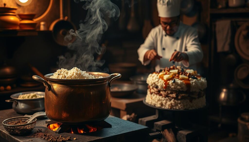 A dimly lit kitchen showcases the traditional dum cooking method. In the foreground, a large copper pot sits atop a wood-fired stove, its fragrant steam gently wafting upwards. Spices and herbs are meticulously arranged nearby, ready to be added to the simmering contents. The middle ground reveals the skilled hands of a seasoned chef, carefully layering the rice, meat, and aromatic ingredients in a precise sequence. In the background, the rustic walls and traditional utensils create an authentic atmosphere, transporting the viewer to the heart of a time-honored culinary tradition. The soft, warm lighting casts a cozy glow, evoking the comforting essence of this beloved dum biryani preparation.