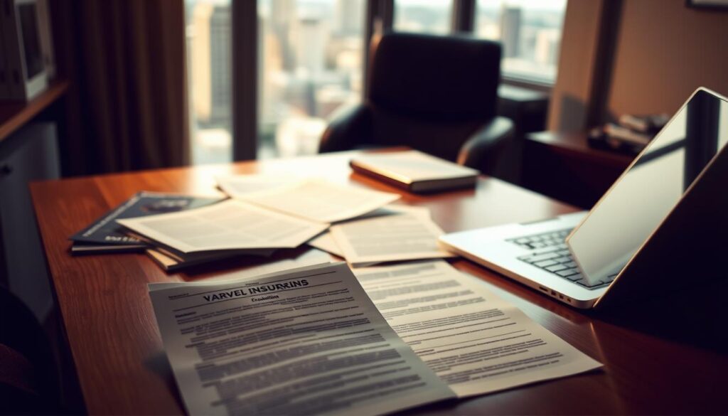 A dimly lit office setting, with a wooden desk and a laptop computer in the foreground. In the middle ground, various insurance documents and brochures are scattered, displaying the fine print and exclusions. The background features a blurred cityscape through a window, conveying a sense of distance and the larger world beyond the confines of the office. The lighting is warm and muted, creating a pensive, analytical atmosphere. The overall composition evokes the importance of carefully reviewing travel insurance policies and understanding the limitations and exclusions that may impact coverage. A dimly lit office setting, with a wooden desk and a laptop computer in the foreground. In the middle ground, various insurance documents and brochures are scattered, displaying the fine print and exclusions. The background features a blurred cityscape through a window, conveying a sense of distance and the larger world beyond the confines of the office. The lighting is warm and muted, creating a pensive, analytical atmosphere. The overall composition evokes the importance of carefully reviewing travel insurance policies and understanding the limitations and exclusions that may impact coverage.