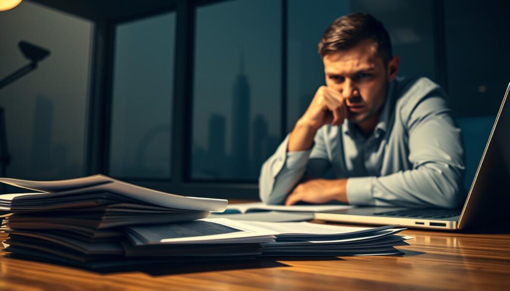 A dimly lit office space, the air thick with tension. In the foreground, a stack of financial documents, their edges curled, cast shadows across a wooden desk. Sitting before them, a troubled investor, brow furrowed, contemplating the risks of a USD fixed deposit. The middle ground reveals charts and graphs, their lines and numbers flickering ominously on a laptop screen. The background, a hazy cityscape, the skyscrapers casting long, foreboding shadows, a symbol of the uncertainty that looms. Soft, warm lighting casts an unsettling glow, heightening the sense of unease. The scene conveys the weight of the decision, the potential pitfalls, and the need for careful consideration.