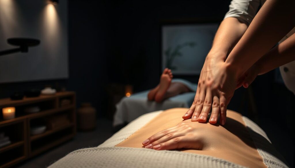 A dimly lit studio with soft, ambient lighting highlighting the intricate details of various massage techniques. In the foreground, a pair of skilled hands expertly applying deep tissue massage, kneading and working the muscles with precision. In the middle ground, a model resting comfortably on a massage table, undergoing a relaxing reflexology treatment, their feet being meticulously manipulated. The background features a serene, calming atmosphere, with soothing colors and natural elements like stones or bamboo, creating a sense of tranquility and wellness. The overall composition conveys the harmony and versatility of different massage modalities, inviting the viewer to experience the restorative benefits of this holistic approach to well-being.