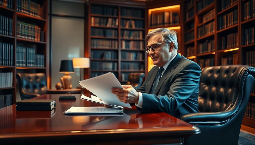 A distinguished legal professional, a private practice partner in Singapore, sits at an expansive mahogany desk, poring over documents with a thoughtful expression. The office exudes an air of quiet sophistication, with floor-to-ceiling bookshelves lining the walls and a plush leather armchair nearby. Warm, indirect lighting casts a soft glow, creating an atmosphere of intellectual contemplation. The partner's tailored suit and confident posture convey the gravitas and expertise befitting a leader in the legal sector. The scene captures the essence of a successful, highly compensated legal professional in Singapore's dynamic business landscape. A distinguished legal professional, a private practice partner in Singapore, sits at an expansive mahogany desk, poring over documents with a thoughtful expression. The office exudes an air of quiet sophistication, with floor-to-ceiling bookshelves lining the walls and a plush leather armchair nearby. Warm, indirect lighting casts a soft glow, creating an atmosphere of intellectual contemplation. The partner's tailored suit and confident posture convey the gravitas and expertise befitting a leader in the legal sector. The scene captures the essence of a successful, highly compensated legal professional in Singapore's dynamic business landscape.