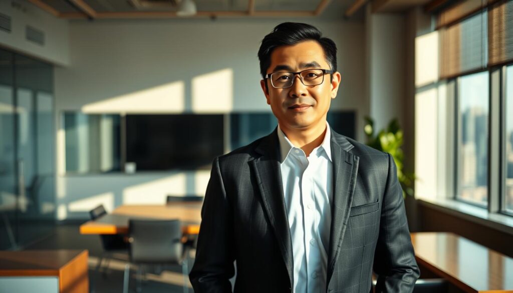 A distinguished-looking man in his 40s, Jonathan Wong, stands in a modern law office, his confident gaze directed at the camera. Dressed in a sharp, tailored suit, he embodies the intersection of law and technology. The room is bathed in warm, directional lighting, casting subtle shadows that accentuate his features. The background is a clean, minimalist workspace, with sleek furniture and a large window overlooking a vibrant city skyline, symbolizing his innovative approach to the legal industry. An air of professionalism and forward-thinking permeates the scene, reflecting Jonathan's role as a pioneering legal tech entrepreneur. A distinguished-looking man in his 40s, Jonathan Wong, stands in a modern law office, his confident gaze directed at the camera. Dressed in a sharp, tailored suit, he embodies the intersection of law and technology. The room is bathed in warm, directional lighting, casting subtle shadows that accentuate his features. The background is a clean, minimalist workspace, with sleek furniture and a large window overlooking a vibrant city skyline, symbolizing his innovative approach to the legal industry. An air of professionalism and forward-thinking permeates the scene, reflecting Jonathan's role as a pioneering legal tech entrepreneur.