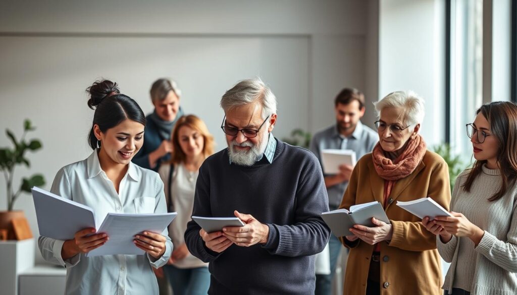 A diverse array of people at different life stages, each with specific insurance needs. In the foreground, a young professional reviewing health coverage, a middle-aged couple planning for retirement, and an elderly person researching long-term care options. In the middle ground, a family considering life insurance and a young adult exploring renters insurance. The background features a modern, minimalist office setting with clean lines, natural lighting, and muted tones to create a sense of professionalism and financial security. The overall mood is one of thoughtful planning and comprehensive protection for every stage of life.