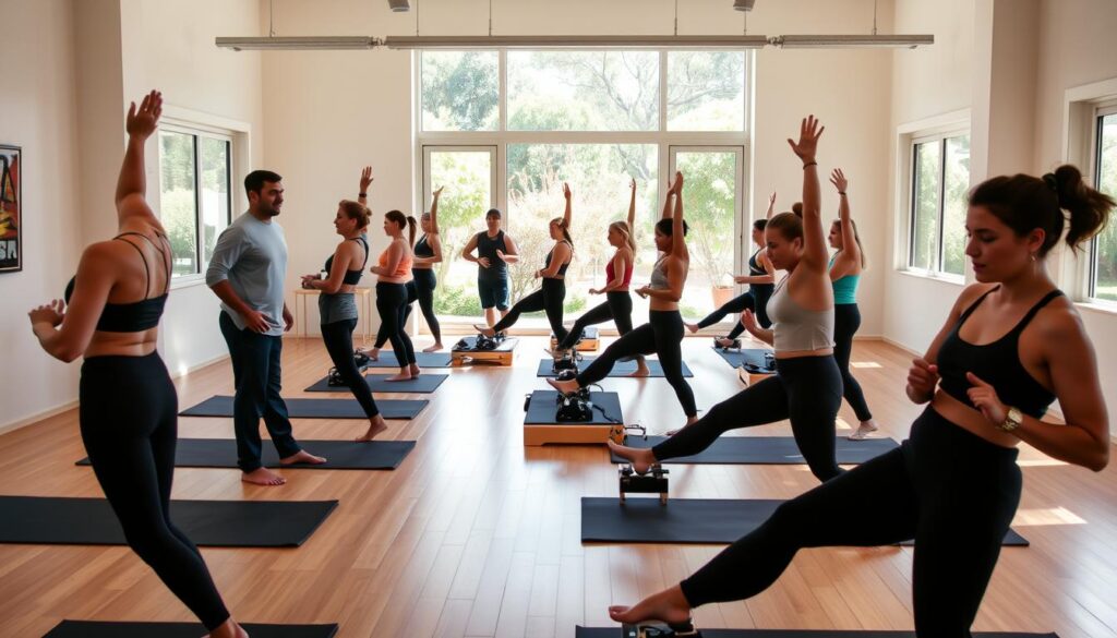 A diverse group of individuals, dressed in athletic attire, engages in a Pilates class at the airy, sun-lit Lab Studios. The foreground features a mix of body types and ages, their expressions focused as they perform a series of controlled movements and stretches on Pilates mats. The middle ground showcases the studio's minimalist, modern decor, with wooden floors and floor-to-ceiling windows that flood the space with natural light. In the background, a tranquil garden-like setting can be seen through the windows, adding a sense of serenity to the scene. The overall atmosphere conveys a welcoming, inclusive, and rejuvenating Pilates experience.