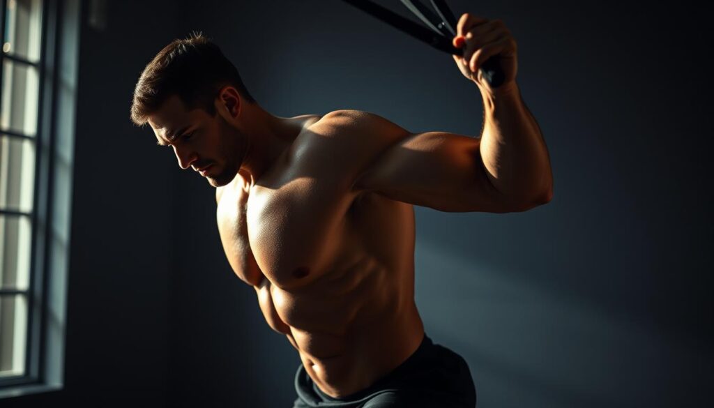 A dynamic and intense Pilates workout scene, featuring a muscular individual performing a high-intensity resistance exercise. Dramatic lighting illuminates their toned physique from the side, creating a chiaroscuro effect that accentuates their defined musculature. The subject is mid-motion, their body twisting and straining against resistance bands, conveying a sense of powerful, controlled movement. The background is blurred, keeping the focus on the exercise and the subject's fierce expression of determination. The overall atmosphere is one of strength, discipline, and the fusion of cardio and resistance training that defines the "Strong Pilates" approach.