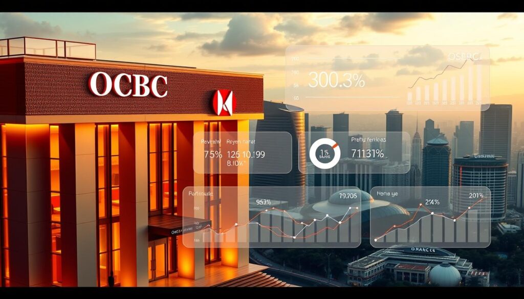 A dynamic, detailed visualization of OCBC Bank's financial performance. In the foreground, a sleek, modern bank building with a prominent OCBC logo, bathed in warm, golden lighting. In the middle ground, a series of elegant infographic panels showcasing key financial metrics like revenue, profit, and growth rates, presented in a clean, data-driven style. In the background, a cityscape of skyscrapers and bustling financial activity, capturing the vibrant, prosperous atmosphere of Singapore's business district. The overall scene conveys a sense of stability, expertise, and strong financial standing, befitting of a leading Singaporean banking institution.